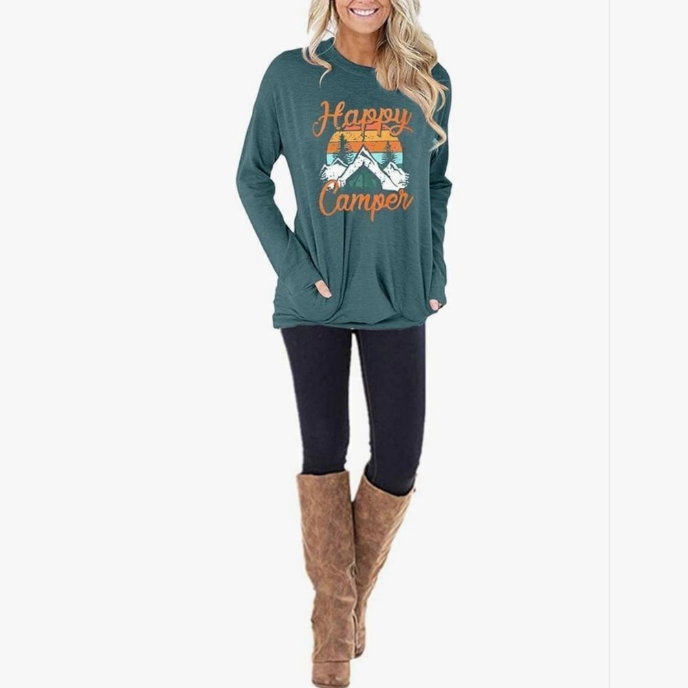 🔺️Gray "Happy Camper" Graphic Lightweight Long Sleeve Tunic Top Size 2X